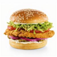 Crispy Chicken Burger · Pickles, red onions, lettuce, tomatoes and mayo.