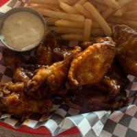 Chicken Wings (8) · 8 wings served with your choice of homemade potato chips, fries or celery sticks. Ranch dres...