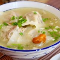 Wonton Soup / 云吞汤 · Handmade. Spiced meat mixture wrapped in wonton with chicken soup.