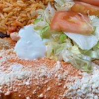 Enchiladas Plate Dinner · Three enchiladas with choice of meat, served with beans, rice and topped with cotija cheese ...