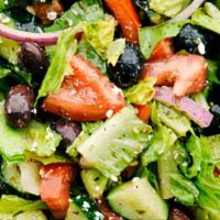 Large Greek Salad · Fresh romaine lettuce, chopped green bell pepper, cucumber, tomato, red onion, kalamata oliv...