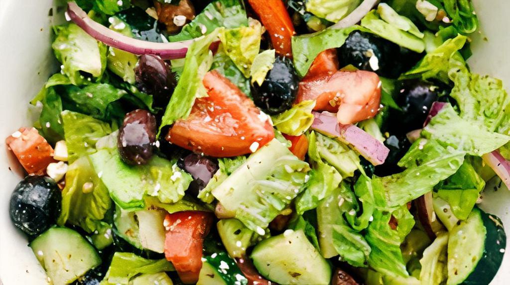 Large Greek Salad · Fresh romaine lettuce, chopped green bell pepper, cucumber, tomato, red onion, kalamata olives, pepperoncini, and crumbled feta cheese, served with house vinaigrette dressing and one pita bread.