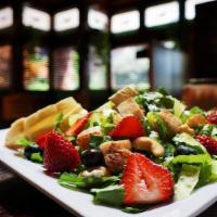 Summer Berry Salad · Strawberries, Blueberries, Cashews, and Queso Fresco. Topped with sliced chicken breast and ...