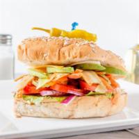 Vegetarian · Peppercini's house sauce, lettuce, onion, pickle, tomato, sprouts, cucumber, avocado, oil & ...