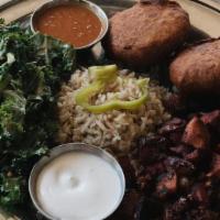 Chickpea Cutlet Plate (Gf) · Chickpea Cutlets, Ginger-Molasses Root Vegetables, Kale in Tahini Dressing, Tomato Chutney, ...