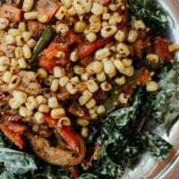 Lg Peacock Salad (Gf) · Kale in Tahini Dressing, Soy Curls, Root Vegetables, Corn, Bell Peppers