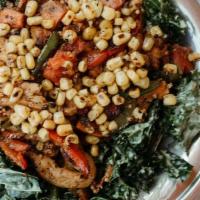 Sm Peacock Salad (Gf) · Kale in Tahini Dressing, Soy Curls, Root Vegetables, Corn, Bell Peppers
