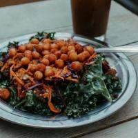 Sm Spicy Eggplant Salad (Gf) · Kale in Tahini topped with Roasted Eggplant, Carrot and Cabbage Slaw and Fried Chickpeas