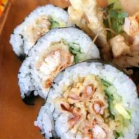 Spider Roll · Soft shell crab, cucumber, avocado, kaiware (sprouts), tobiko, and krab.

Roll is COOKED, mi...