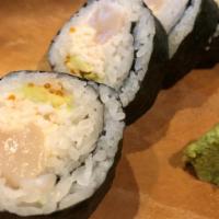 Aloha Roll · Scallop, our original rock crab and krab mix, avocado, and tobiko.

Roll is RAW