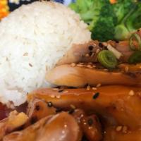 Spicy Chicken · Grilled chicken thighs marinated in a spicy Asian sauce. Served with miso soup, rice and bro...