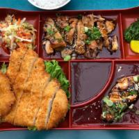 Sumo Bento · Chicken katsu and salmon teriyaki with your choice of chicken and beef teriyaki, served with...