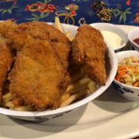 Big Kahuna Fish-N-Chips · Tender pieces of line caught true cod, panko battered and fried. Served over fires with a wa...