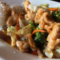 Ginger Chicken Broccoli · Strips of chicken stir fried with broccoli, onions, carrots and bell pepper in a ginger, oys...