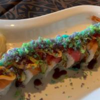 Issaquah Roll · tempura shrimp. cucumber, avocado, pickled ginger topped with tuna, salmon, spicy mayo, eel ...