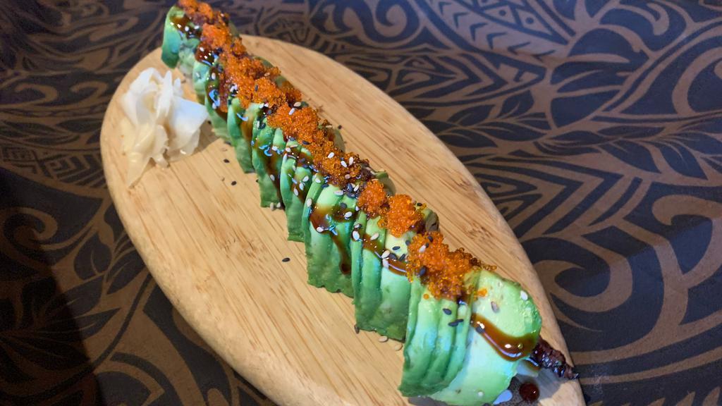 Caterpillar Roll · BBQ eel, cucumber, pickled carrot topped with avocado, eel sauce, tobiko and sesame seeds.

Roll is COOKED
