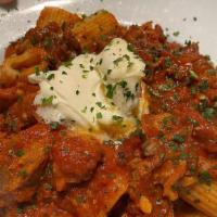 Rigatoni With Meat Sauce · rigatoni pasta in our house meat and mushroom sauce garnished with mascarpone cheese (served...