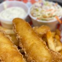 Fish & Chips · Beer battered halibut cooked to a golden brown with French fries and coleslaw served with ta...