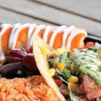 Seafood Combo · Signature fish taco and lobster and crab enchilada. Served with Mexican rice and refried bea...