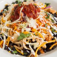 Daddy'S Burrito Bowl · Served with chicken breast, black beans, cabbage, roasted chipotle salsa, Cheddar & Jack che...