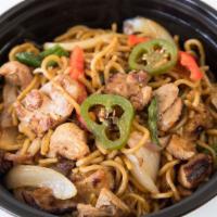 Chicken Yakisoba · Served with rice.