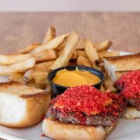 Flaming Hot Cheetos Sliders · 2 Buttery toasted Hawaiian buns, fresh all-natural beef never frozen, american cheese, duste...