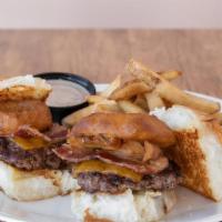 Bbq Bacon Slider · 2 Buttery toasted Hawaiian bun, all-natural beef fresh never frozen, cheddar cheese, thick c...