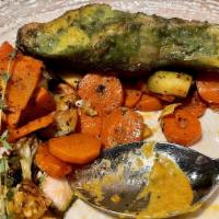 Basil Salmon Tikka · Salmon Filet, Basil Rub, Spiced Coconut Crème, Sautéed Vegetables