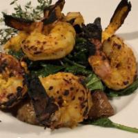 Kesar Anardana Jhinga · Jumbo Shrimp, Saffron-Pomegranate Marinade, Spiced Potatoes, Spinach