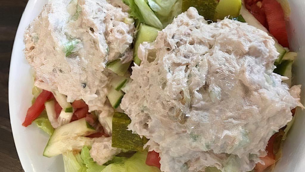Tuna Salad Platter · A hefty scoop of homemade tuna salad on a bed of lettuce with tomatoes, hardboiled egg, cucumbers, pickles, potato salad, and coleslaw.