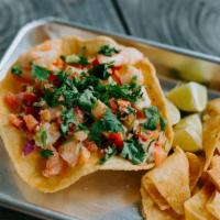 Ceviche Tostada · Fried corn tortilla w/ shrimp, pico de gallo, and cilantro
