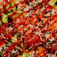 Fitness Bowl · Salad, Ahi Tuna, Salmon, Chimichurri, Krab Salad, Edamame, Cucumber, Masago, topped with Sri...