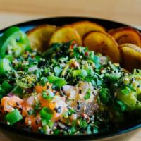 Latin Bowl · White Rice, Peruvian Ceviche (Calamari), Roasted Jalapeno & Red Pepper Sauces, Avocado, Plan...