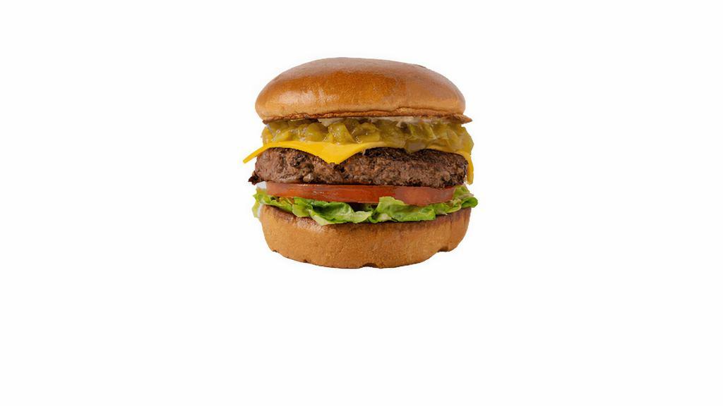 505 Green Chile Cheesy · angus beef patty, 21 sauce, choice of cheese, lettuce, green chile, Roma tomato, toasted brioche bun (580-640 cal)
