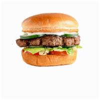 #47 Gyro Burger · angus beef patty, Tzatziki sauce, lettuce, Roma tomato, cucumber, Gyro seasoning, toasted br...