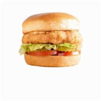 #66 Crispy Chick · brined + hand-breaded crispy chicken patty, 21 sauce, lettuce, Roma tomato, pickles, toasted...
