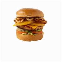 #64 Hawaiian Bbq Chicken · Grilled chicken patty, applewood smoked bacon, grilled pineapple, onion strings, hickory bbq...