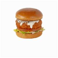 #13 Buffalo Chicken · crispy buffalo chicken patty, Frank’s RedHot®, bleu cheese crumbles, ranch dressing, lettuce...
