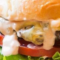 Roadside Burger* · two 1/4lb patties, american cheese, carmelized. onions, house pickles, remoulade