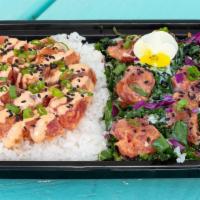 Spicy Poke Combo · Gluten free. Dairy free. Spicy poke over half rice and half kale.