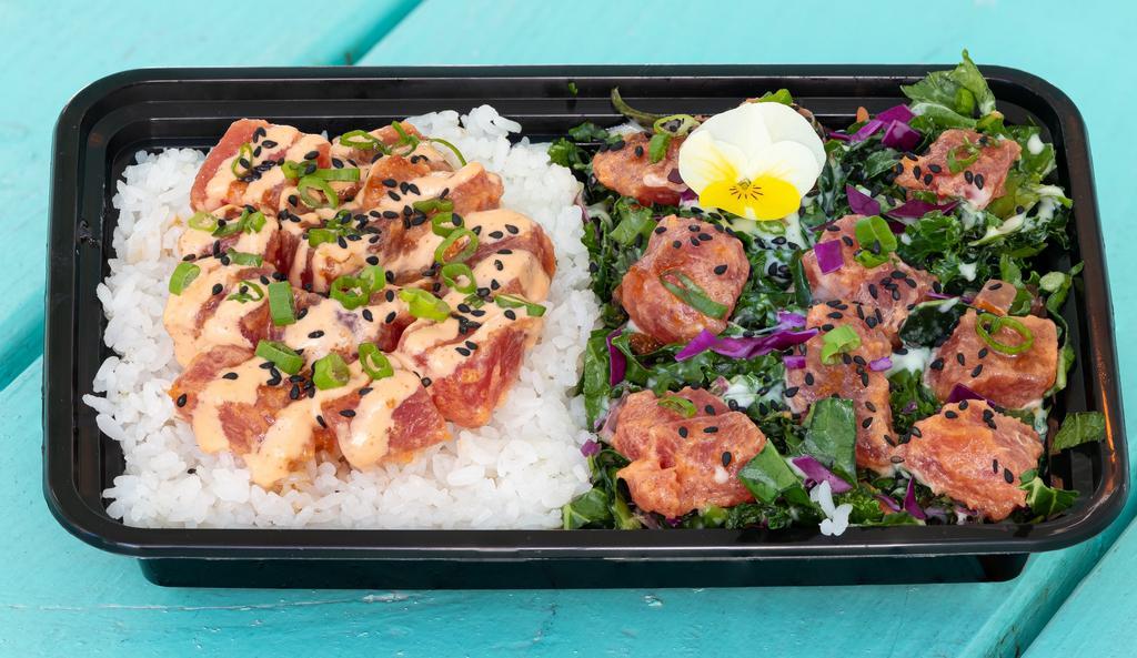 Spicy Poke Combo · Gluten free. Dairy free. Spicy poke over half rice and half kale.