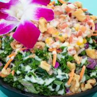 Side Kale Salad · Mango-lime marinated kale tossed with fresh corn salsa.  Topped with walnuts. Vegan. Gluten ...