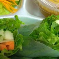 Fresh Veggie Spring Rolls (4 Pcs) · Mint, carrot, lettuce, and tofu in fresh spring roll skin. Served with Thai special sauce.