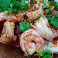 Shrimp Salad · Shrimp with lime juice, Thai chili, onions, cilantro, tomato, cucumber and mint leaf. Served...