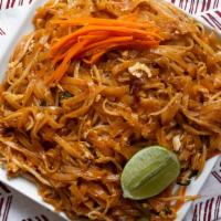 Pad Thai · Thin rice noodles stir-fried with meat, green onion, sprouts, egg and pad Thai sauce with gr...