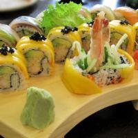 Rainbow Roll · Most popular. Imitation crab, cucumber, tuna, avocado, salmon, shrimp and yellowtail.