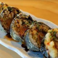 Salmon Tempura Roll · Deep-fried salmon, cucumber and mayo wrapped by seaweed sheets.