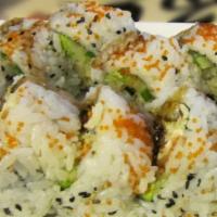 Angel Roll · Cucumber, Avocado, Shrimp Tempura topped with Spicy Salmon and Black Sesame Seed.