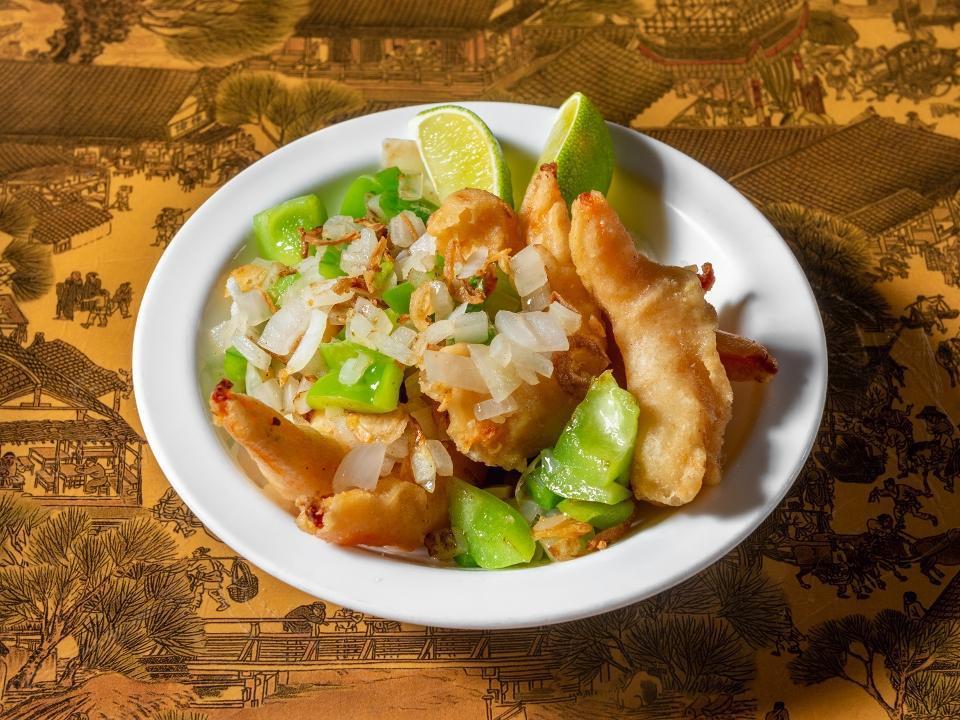 Salt & Pepper · Battered shrimp, fish or tofu tossed with bell peppers, onions, fried garlic, baked salt and jalapeno.