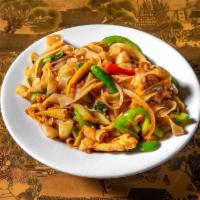 Thai Drunken Noodle · Flat rice noodle, Thai basil, baby corn, celery, bell peppers, onions, Thai chilis, and garl...